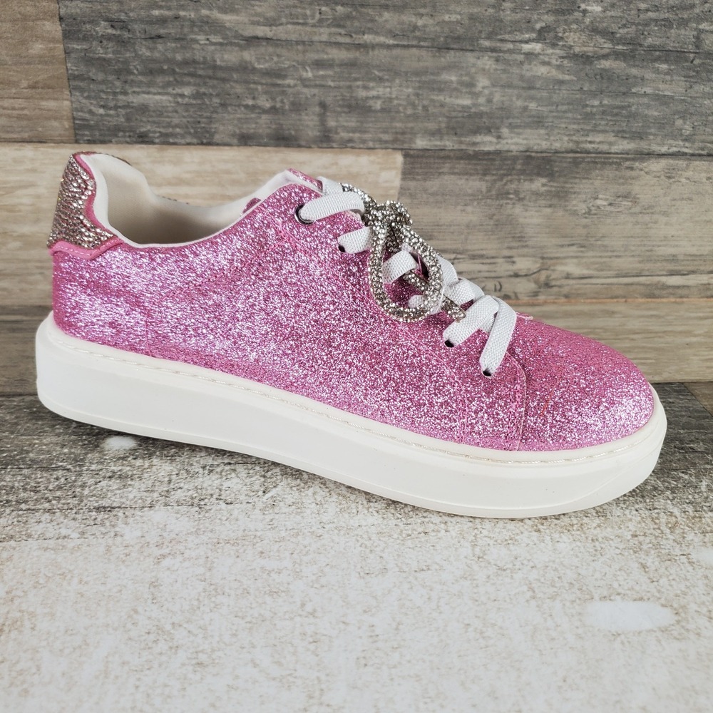 Steve Madden Sparkz Kids Shoes Sz 3 M Pink Glitter Rhinestone Lace-Up Sneakers